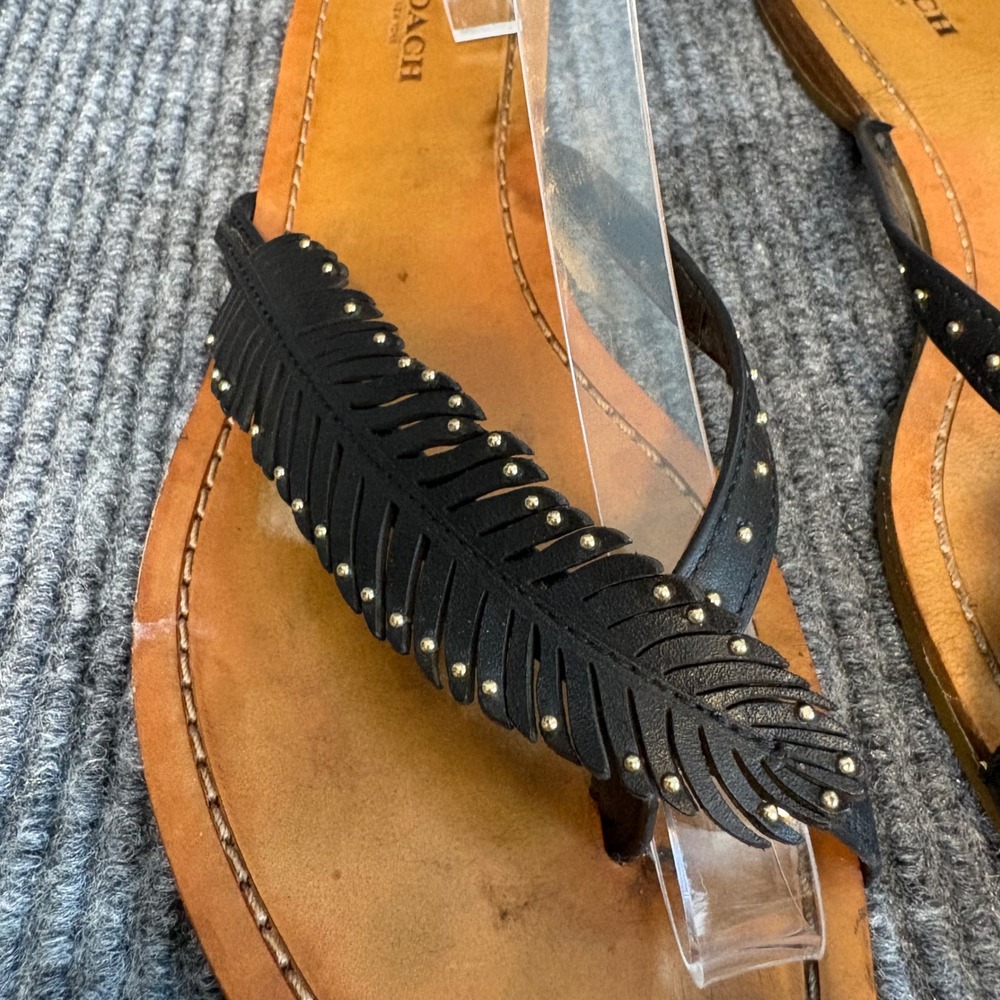 Coach Black Leather Feather Thong Sandals Women's Boho Studded Flip Flops - Picture 2 of 6
